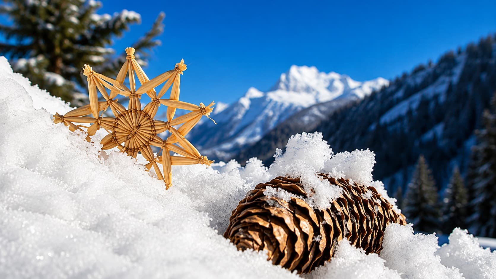 Estrela de palha e pinha sobre a neve diante das montanhas